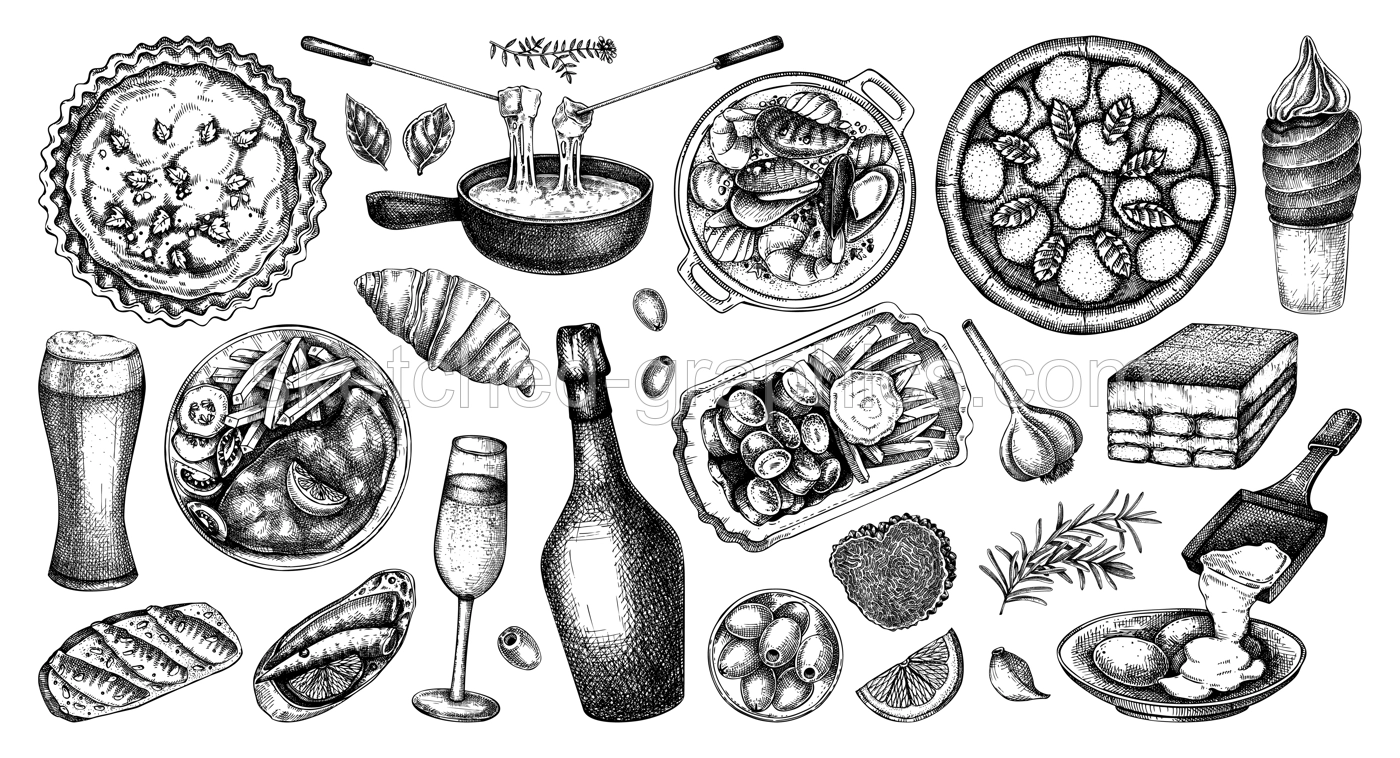 European food hand drawn vector illustration. Traditional Europe dishes in engraved style. Perfect restaurant menu, packaging, or prints. NOT AI generated Illustration